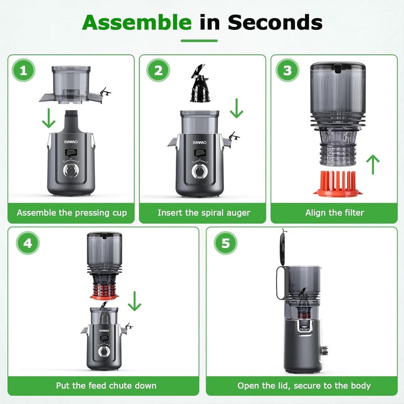 OMMO Cold Press Juicer Machines: 5.1" Wide Feed Chute Slow Masticating Juicer for Whole Fruits & Vegetables, Easy to Clean, High Juice Yield, BPA Free, Grey - Image 4